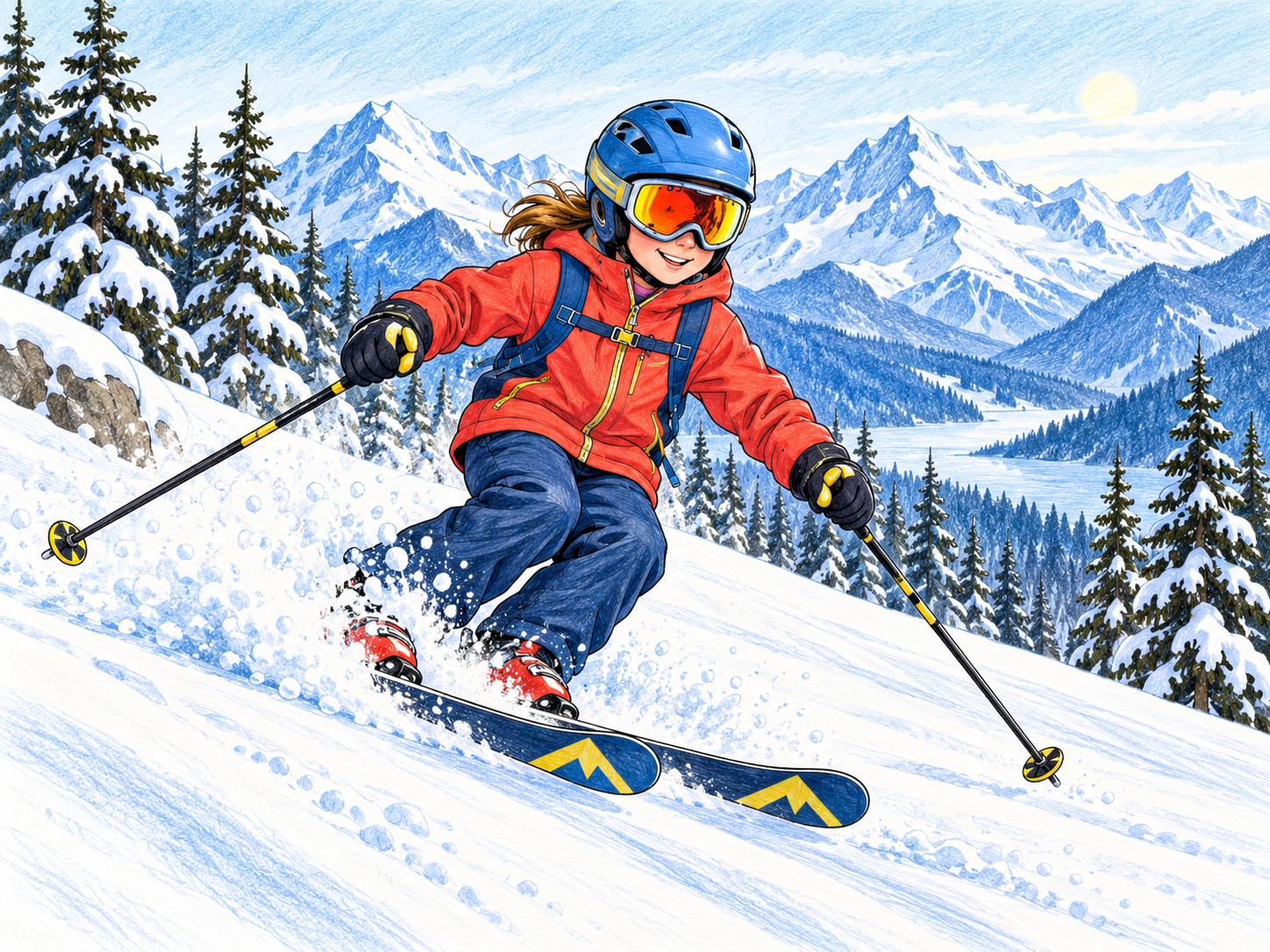 Coloured-pencil skier on a snowy mountain