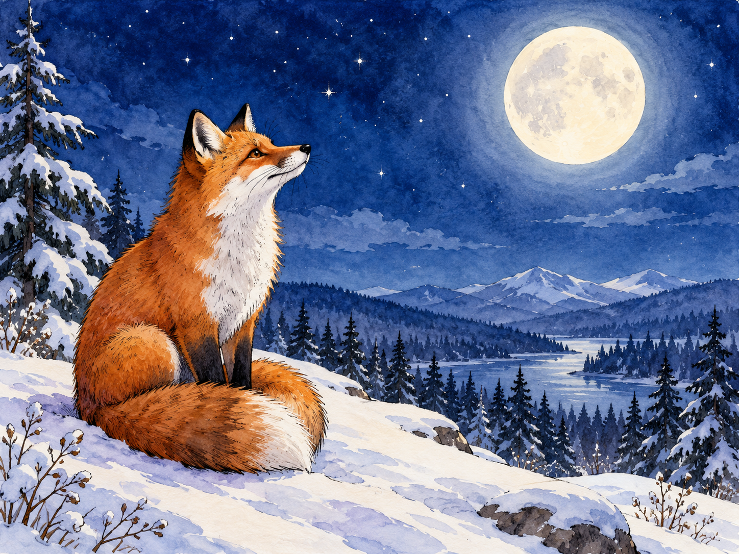 Watercolour fox looking at a full moon